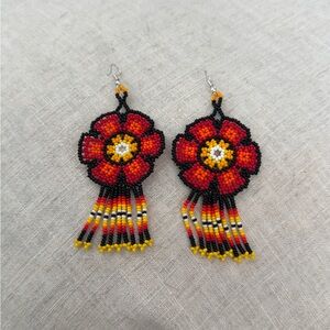 Handcrafted Floral Beaded Earrings - Red and Black Huichol